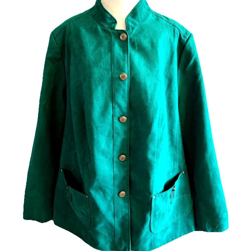 VTG 80s faux suede Coat Emerald Green Jacket Asian Blazer Office Soft Comfy 18W